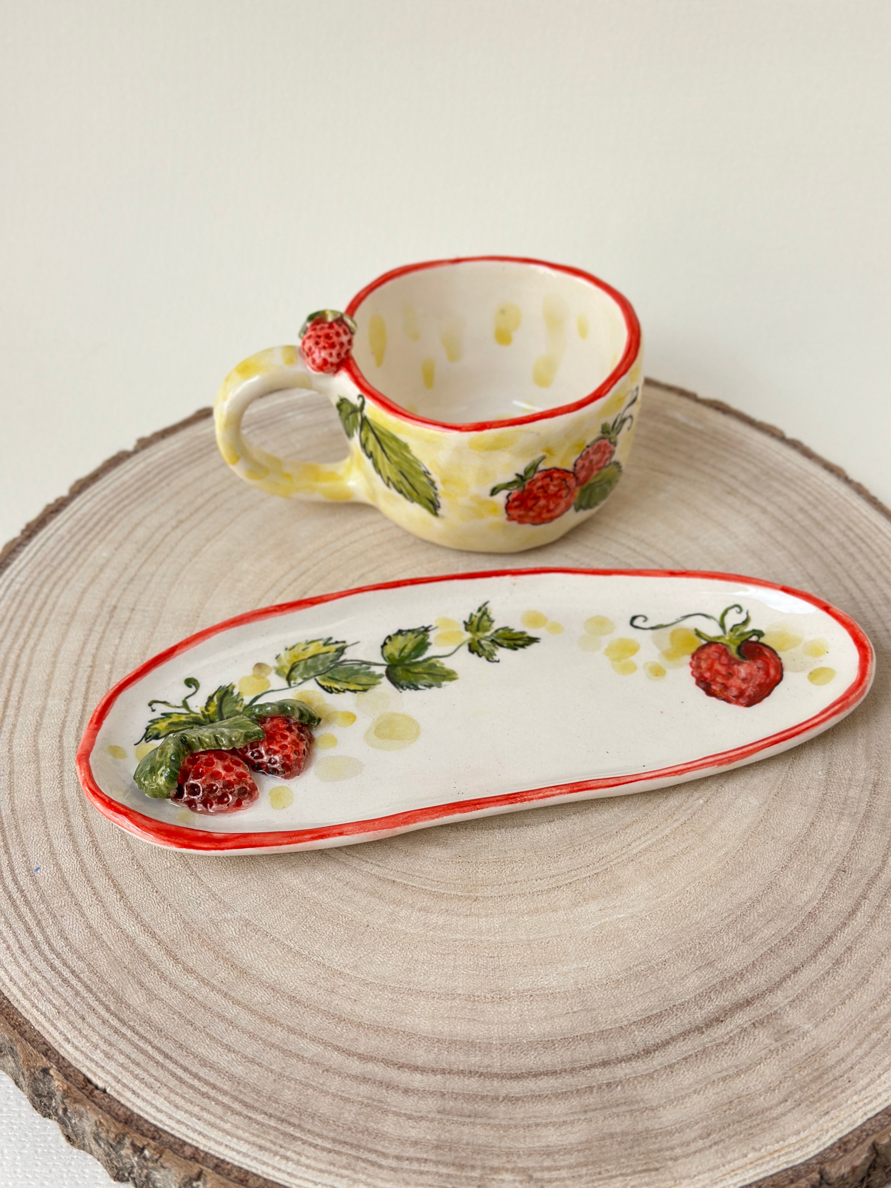 Strawberry Handmade coffee cup and plate