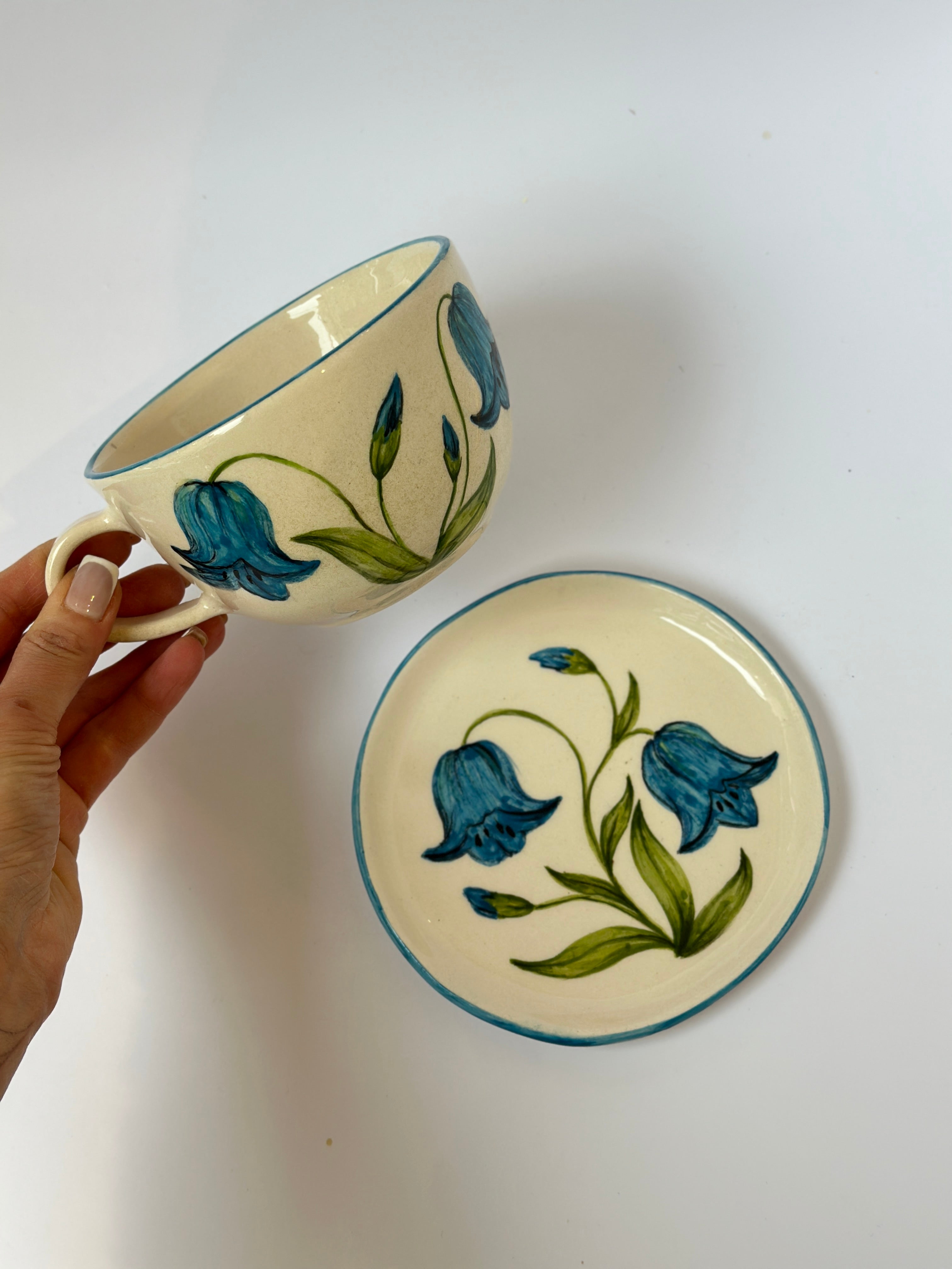 Blue flower handmade mug and plate