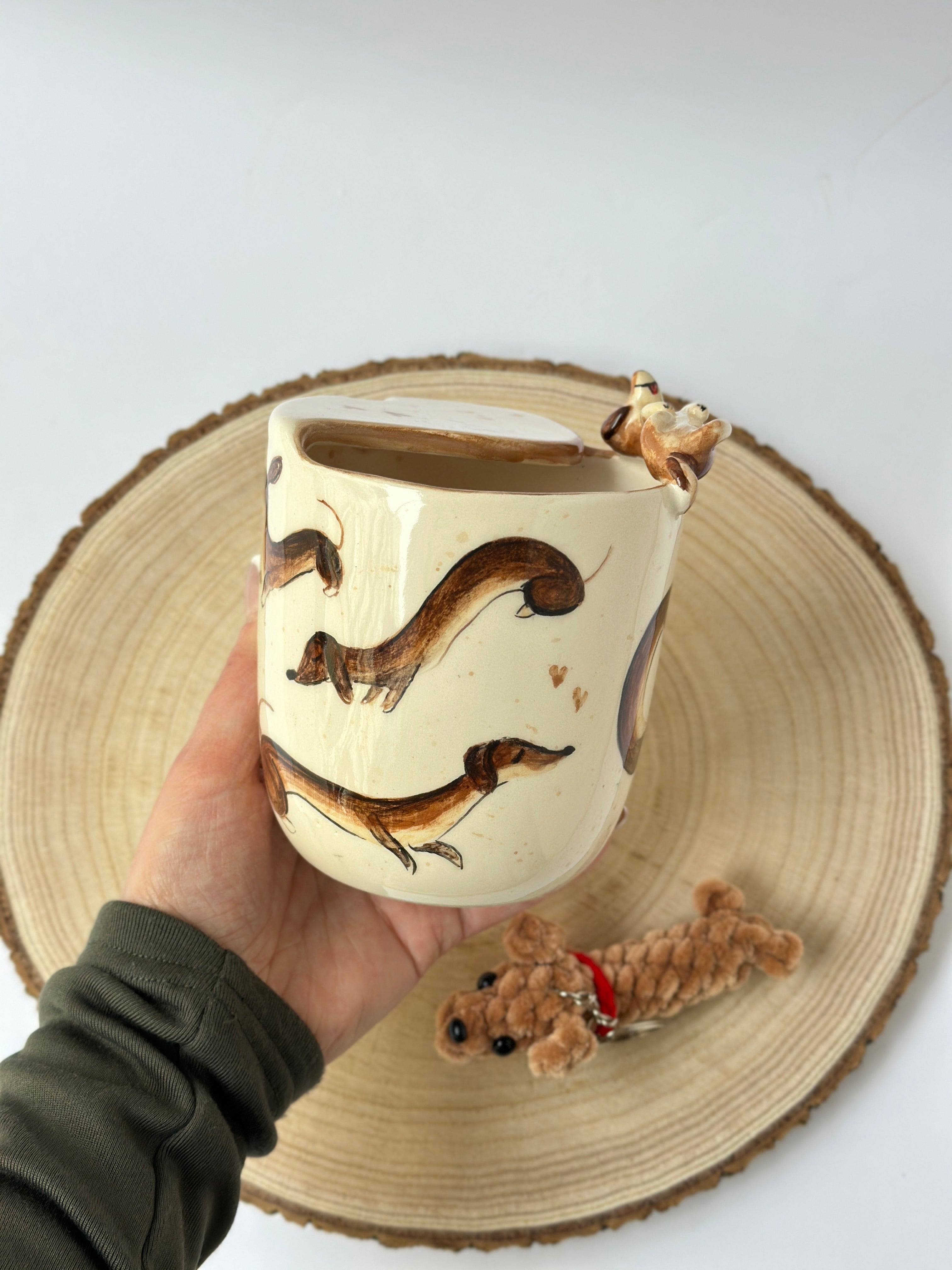 Dachshund handmade takeaway mug and soft keychain