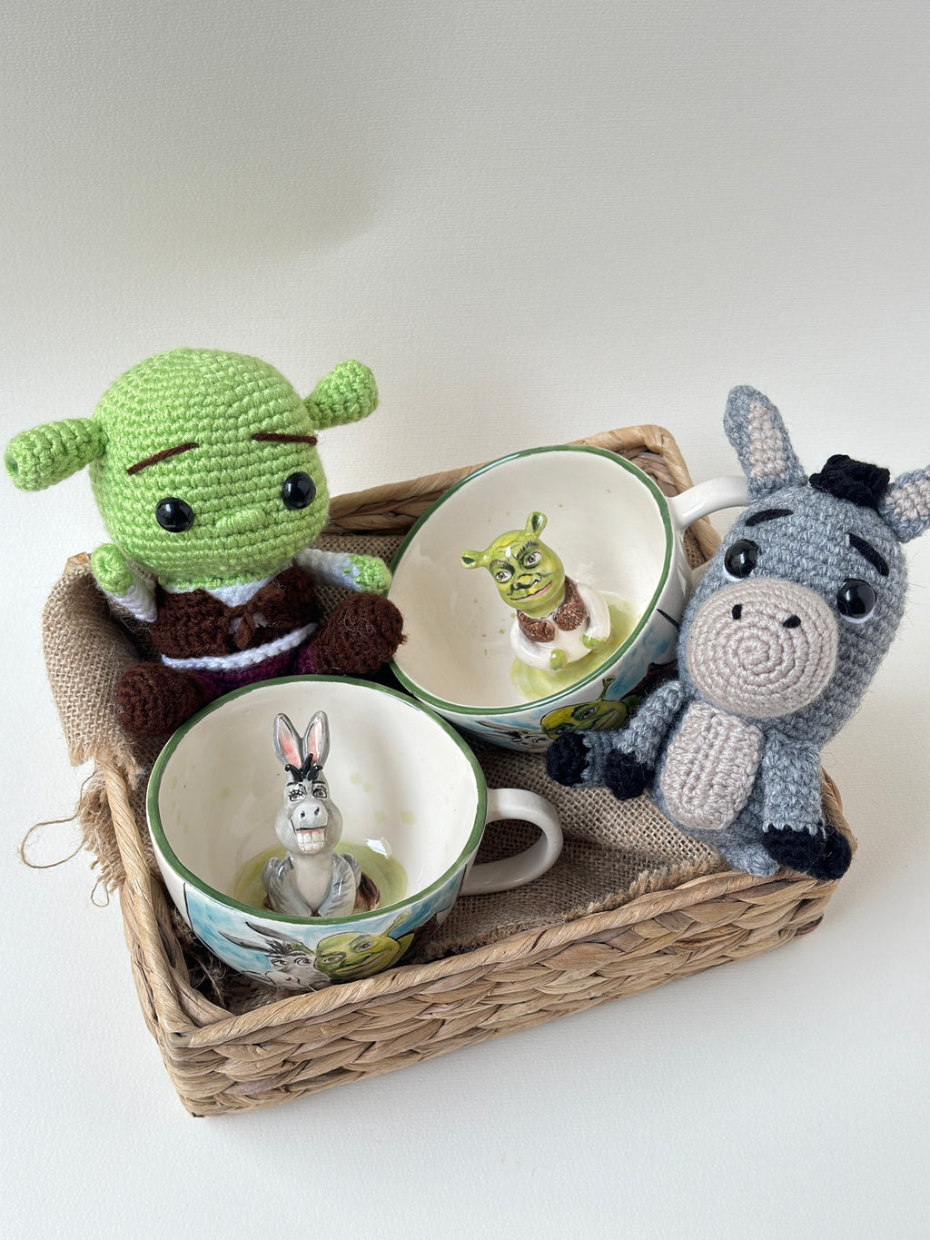 Shrek and Donkey handmade mugs and toys