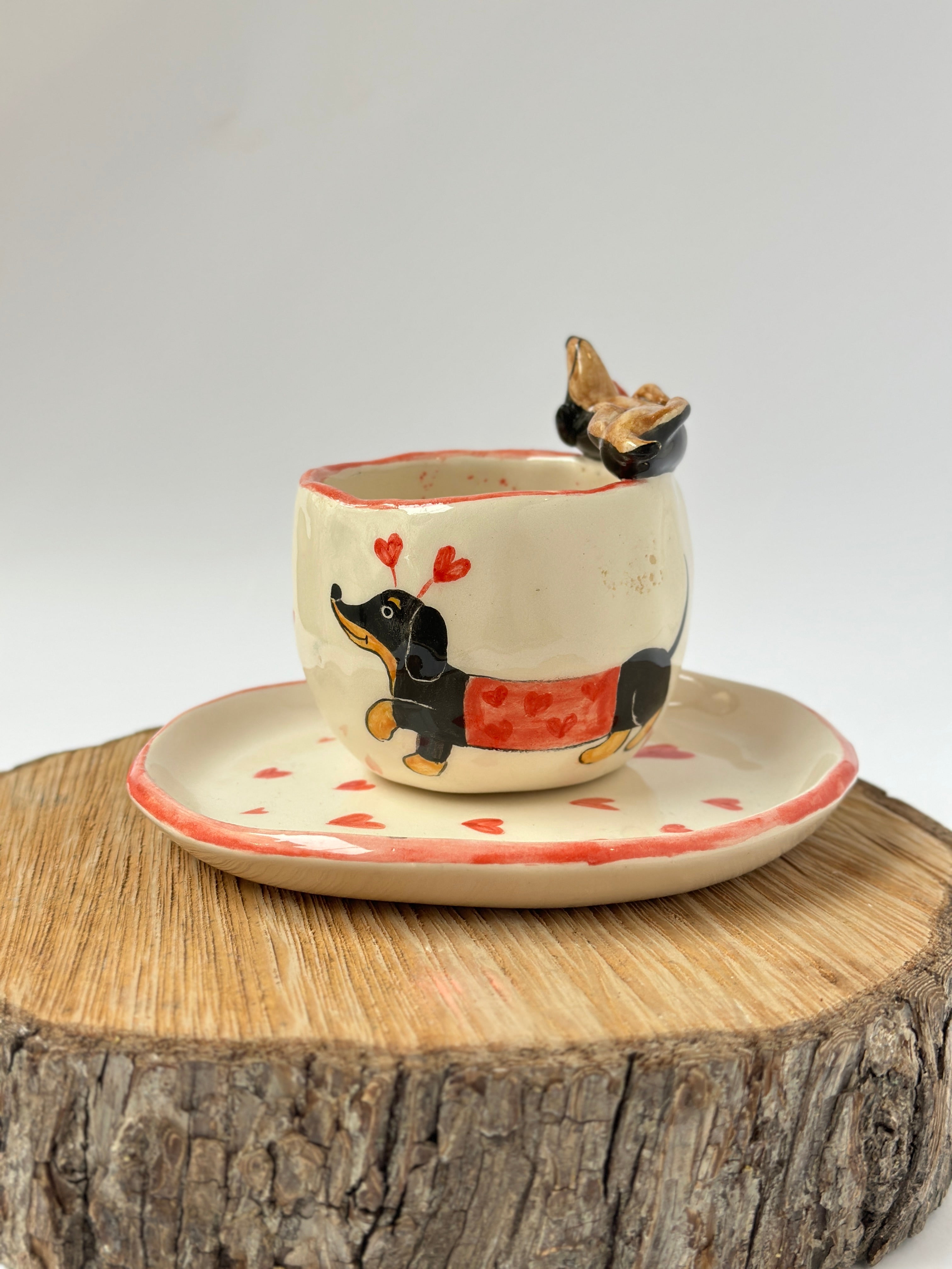 Dachshund handmade mug and plate (Note: The product is being sold at a discounted price due to minor glaze imperfection)