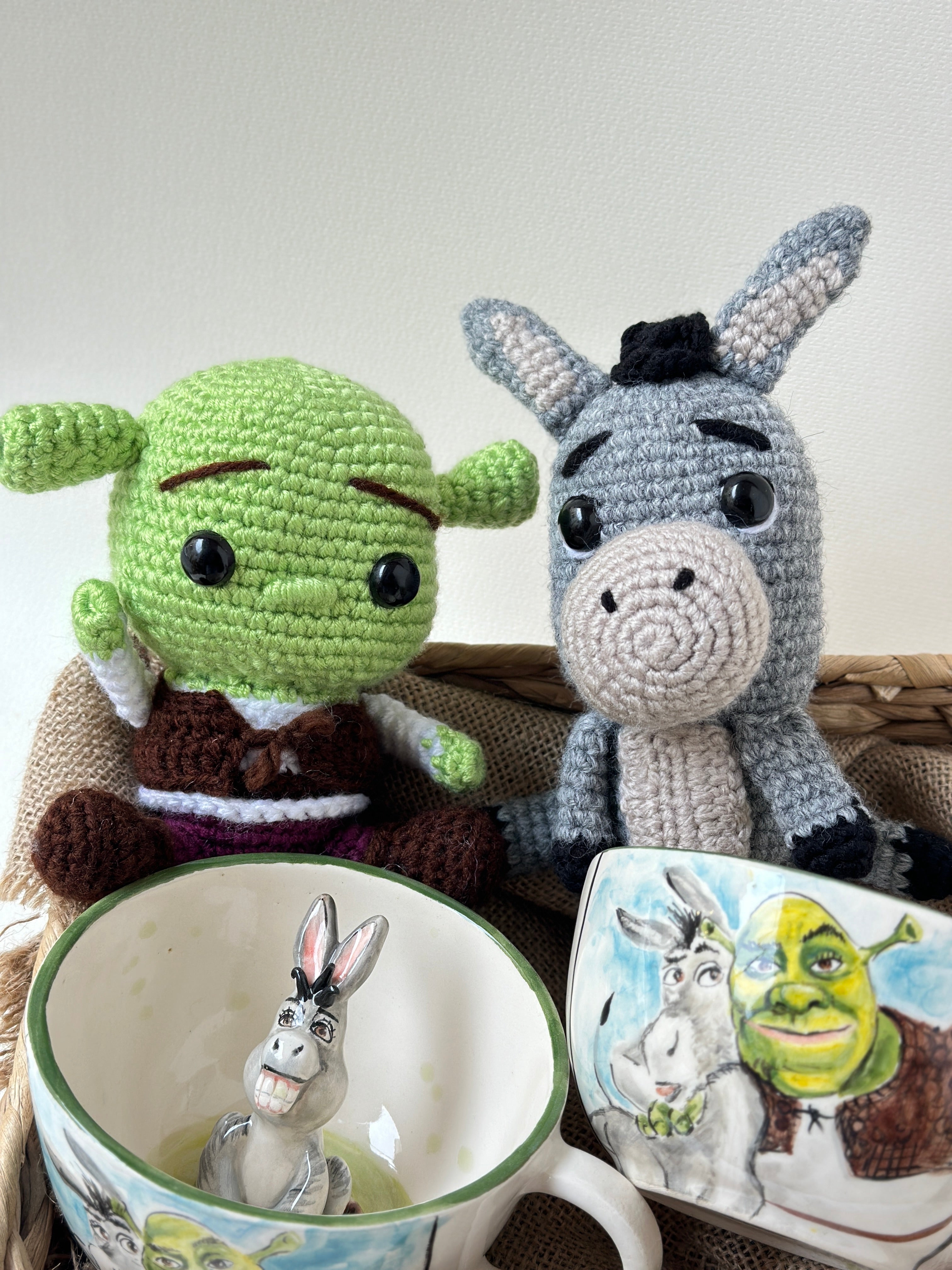 Shrek and Donkey handmade mugs and toys