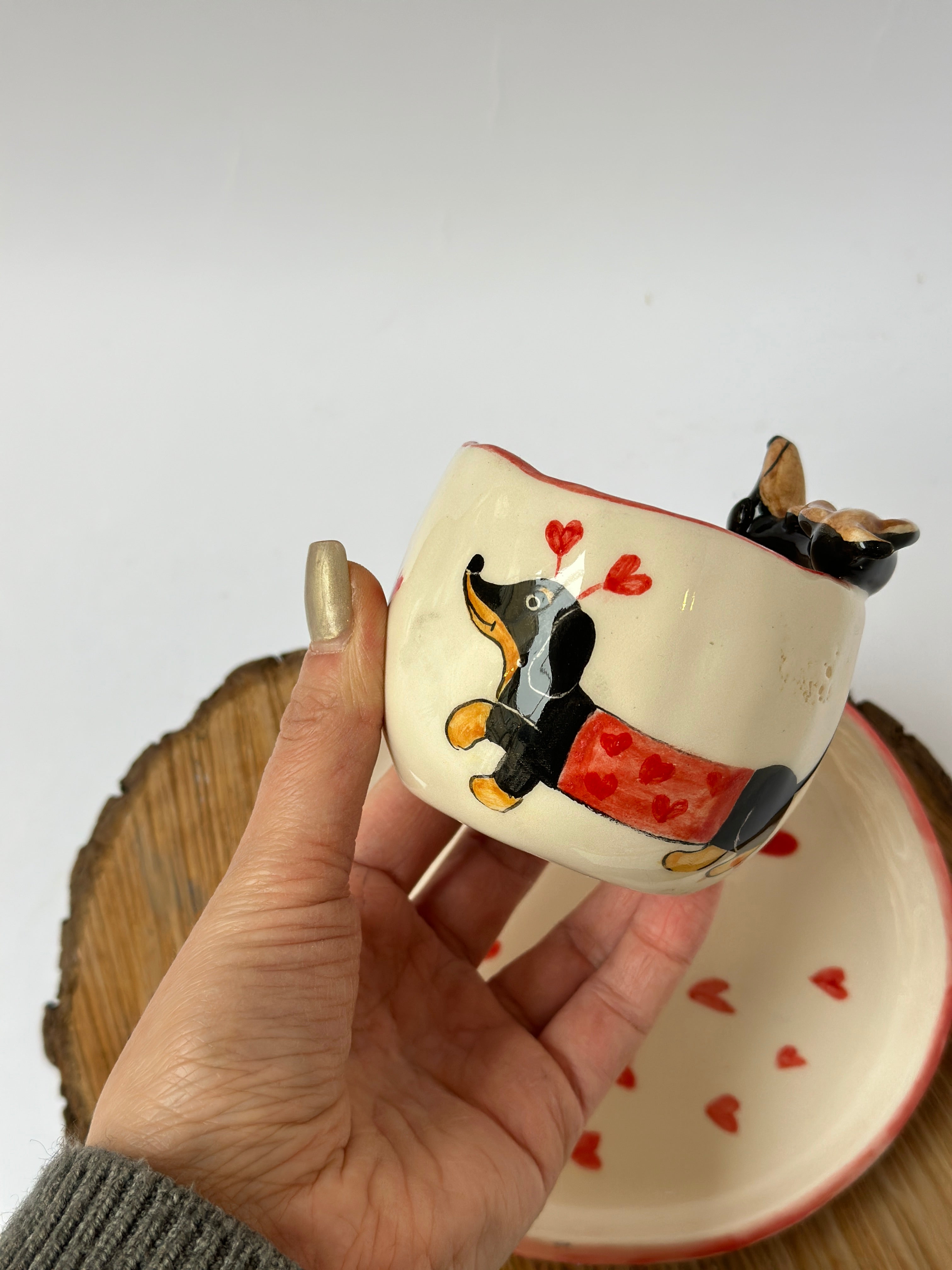 Dachshund handmade mug and plate (Note: The product is being sold at a discounted price due to minor glaze imperfection)