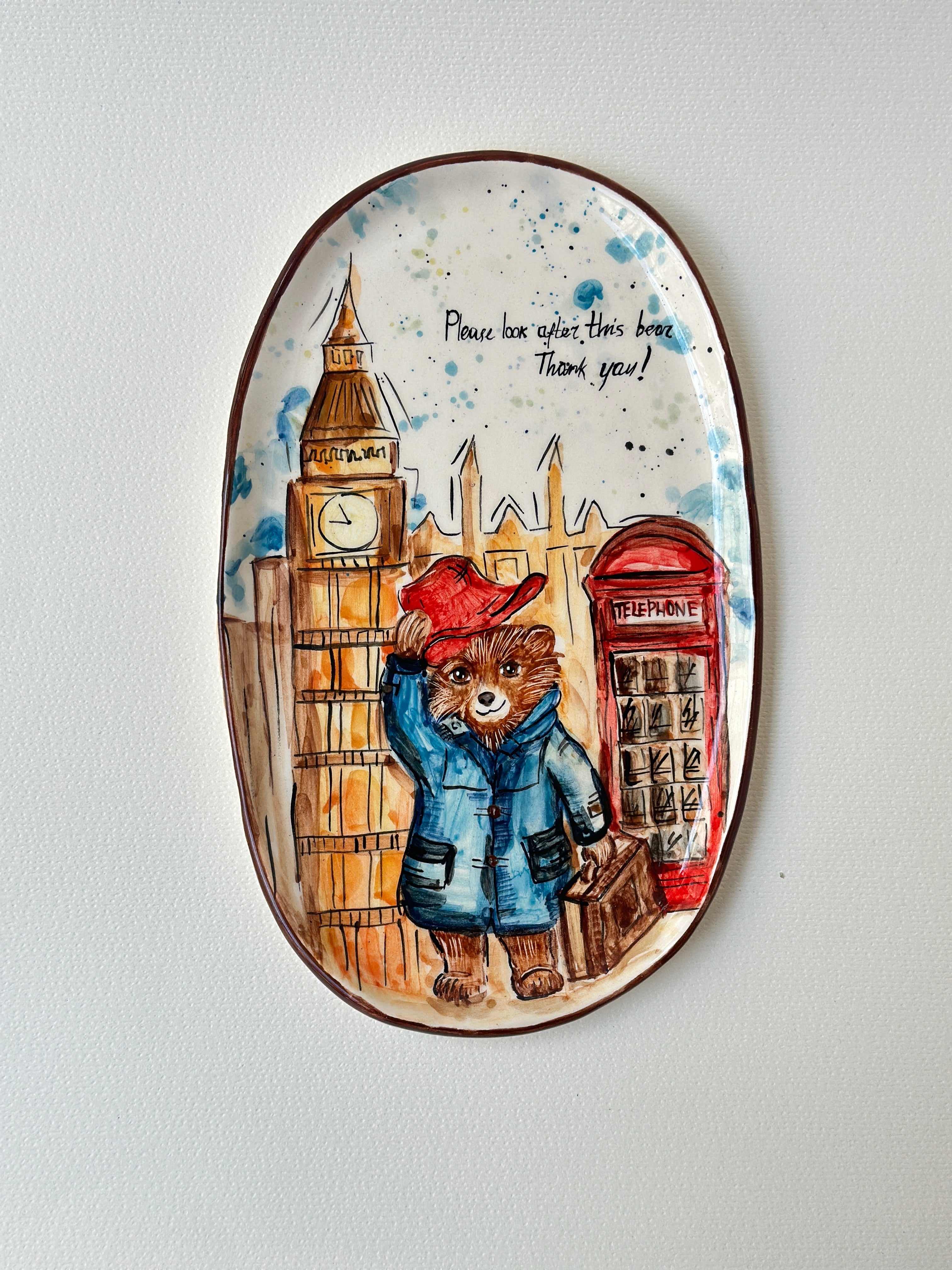 A red padded Bear who loves marmalade handmade plate