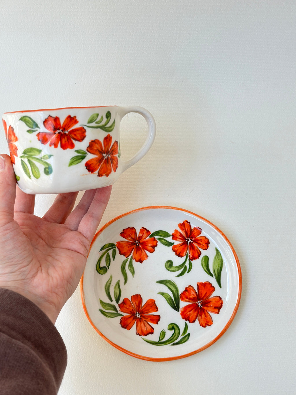 Flowers handmade mug and plate