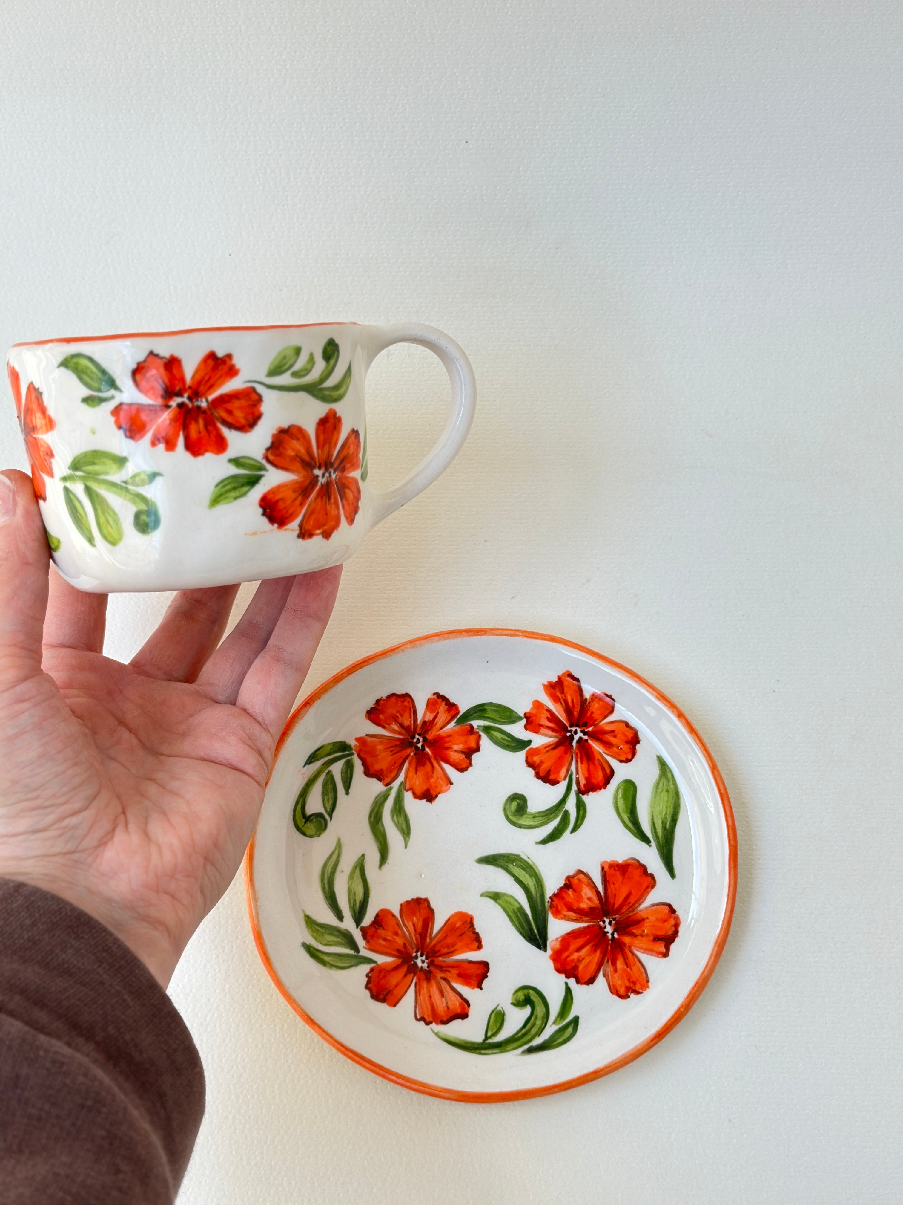 Flowers handmade mug and plate