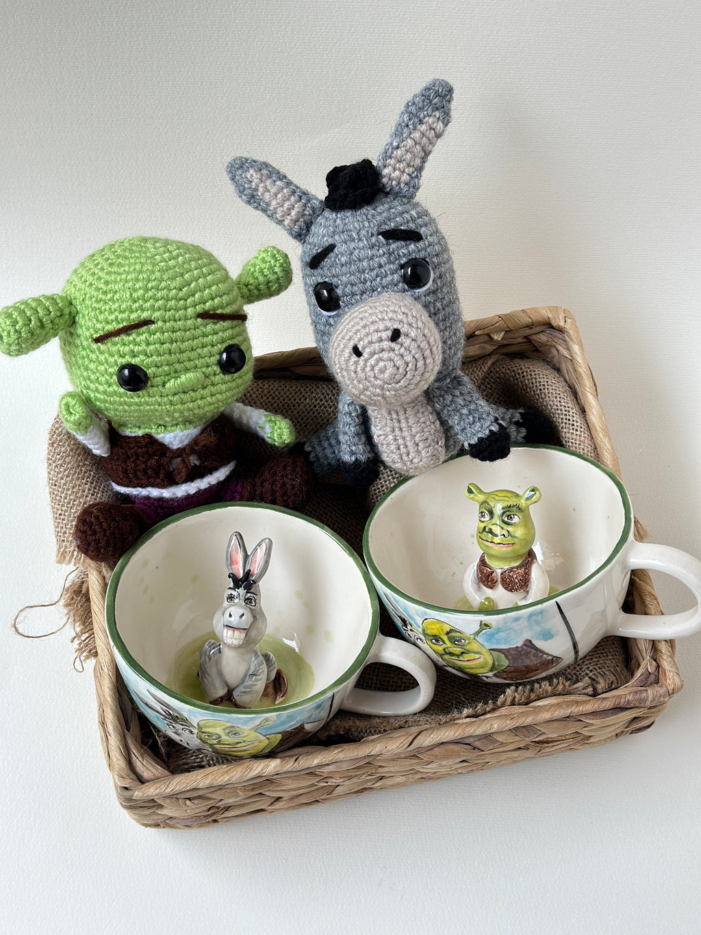 Shrek and Donkey handmade mugs and toys