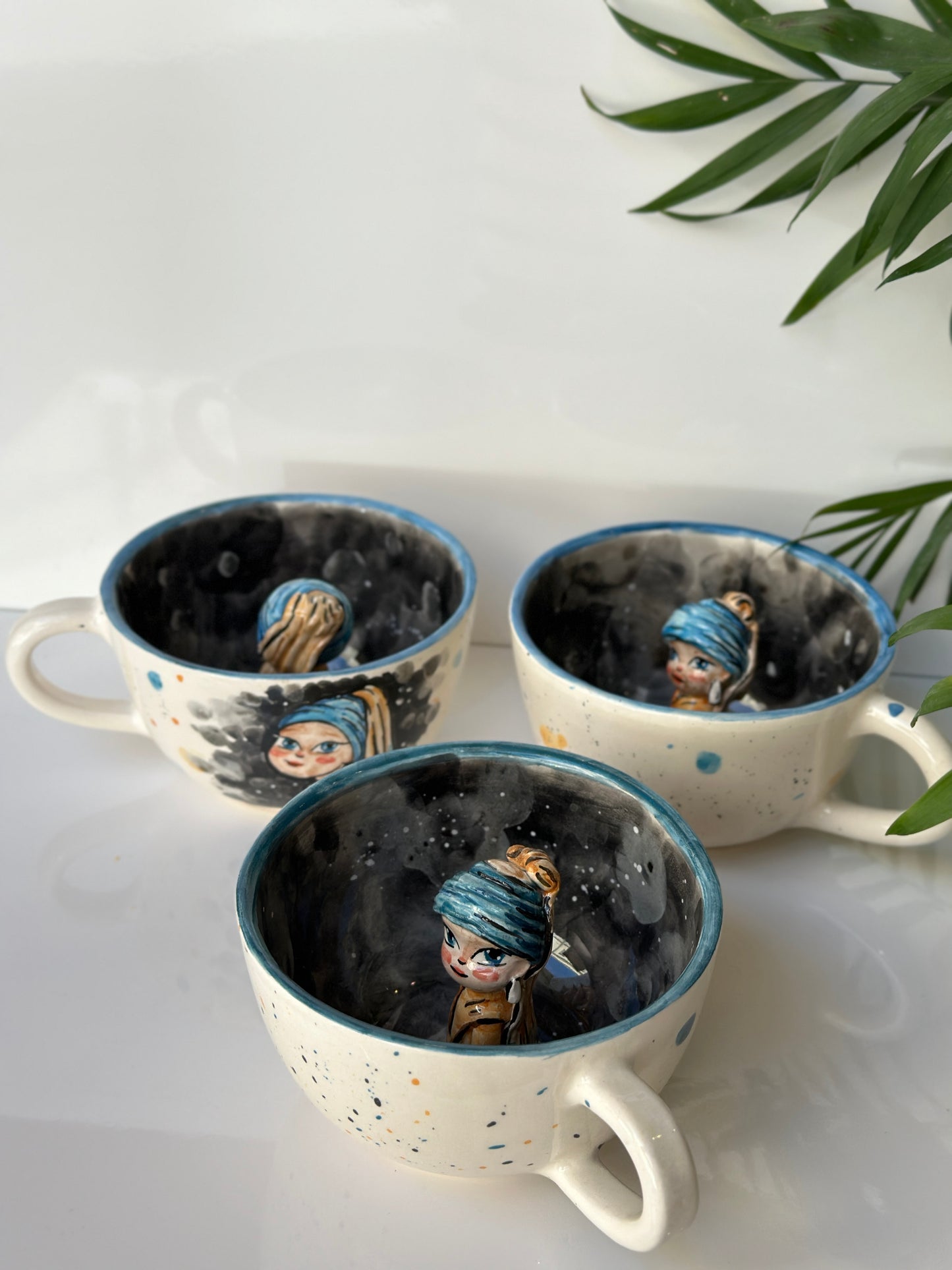 Handmade girl mug with pearl earring😍