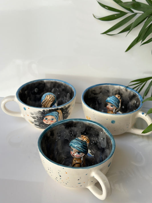 Handmade girl mug with pearl earring😍